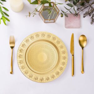 WUWEOT 12 Pack Gold Charger Plates, 13" Plastic Round Dinner Under Plates Bulk, Reusable Charger Service Base Plates with Embossed Pattern for Party, Wedding, Catering Event, Tabletop Decor