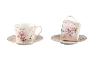 guangyang porcelain tea cups and saucers,7 ounce,set of 2,peony flower design coffee cup with saucer,220ml vintage teacup (total 4 pieces)
