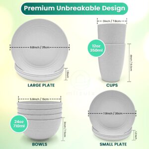 Miizula Premium 16 Pcs Light Gray Wheat Straw Dinnerware Sets - Unbreakable Reusable Plastic Wheat Straw Bowls & Plates Dinner Set - Microwave Dishwasher Freezer Safe - Deep Spillproof - Eco Friendly