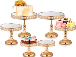 nuanchu 6 pcs wedding metal cake stand set with crystal beaded mirror top cake display stand cupcake display plate crystal dessert cheese stand cake holder (gold)