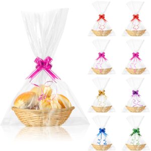 8 pcs empty oval bamboo basket food storage basket fruit basket gift baskets with 12 pcs colorful pull bow and 12 pcs clear gift bag for fruit, cookie, bread, kitchen, restaurant, 9 x 7 x 3 inches