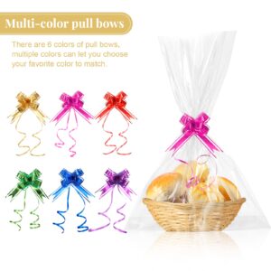 8 Pcs Empty Oval Bamboo Basket Food Storage Basket Fruit Basket Gift Baskets with 12 Pcs Colorful Pull Bow and 12 Pcs Clear Gift Bag for Fruit, Cookie, Bread, Kitchen, Restaurant, 9 x 7 x 3 inches