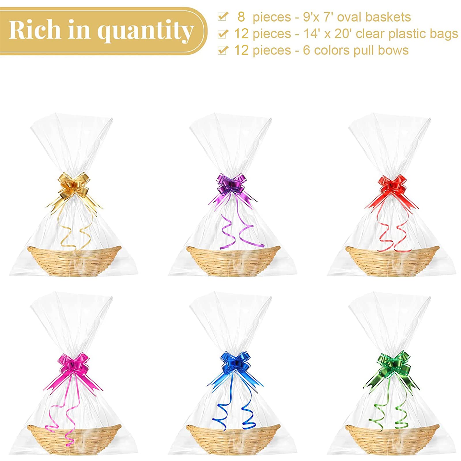 8 Pcs Empty Oval Bamboo Basket Food Storage Basket Fruit Basket Gift Baskets with 12 Pcs Colorful Pull Bow and 12 Pcs Clear Gift Bag for Fruit, Cookie, Bread, Kitchen, Restaurant, 9 x 7 x 3 inches