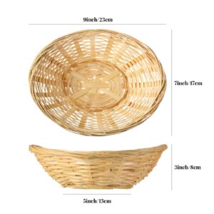 8 Pcs Empty Oval Bamboo Basket Food Storage Basket Fruit Basket Gift Baskets with 12 Pcs Colorful Pull Bow and 12 Pcs Clear Gift Bag for Fruit, Cookie, Bread, Kitchen, Restaurant, 9 x 7 x 3 inches