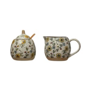 creative co-op hand-painted spoon and lid, stoneware creamer, set of 3 sugar pot, 9" l x 4" w x 4" h, multicolor