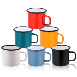 teamfar coffee mug, 12 oz tea enamel mug camp drinking cups, white/blue/green/black/red/yellow vintage for indoors and outdoors, non toxic & portable, attractive color & classic design - set of 6