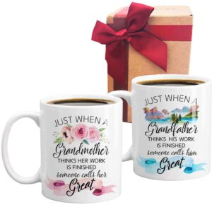 great grandparent coffee mug set, pregnancy announcement, just when a grandpa grandma think their work is done mug, great grandparents baby showers gift, grandparent mug set of 2 gift-148