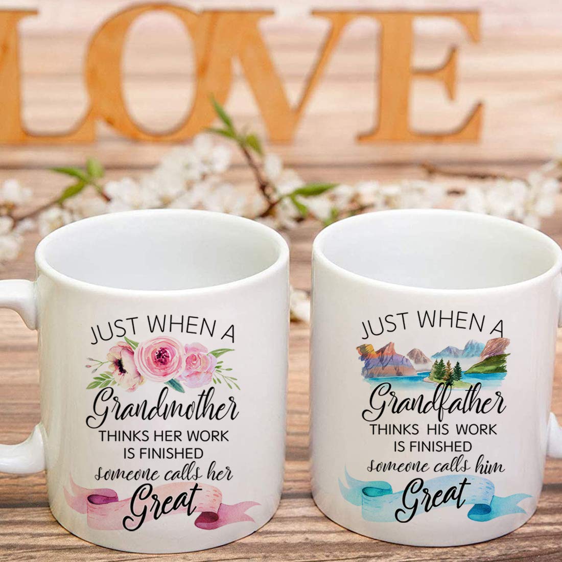 Great Grandparent Coffee Mug Set, Pregnancy Announcement, Just When a Grandpa Grandma think their work is done Mug, Great Grandparents Baby Showers Gift, Grandparent Mug Set of 2 Gift-148