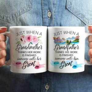 Great Grandparent Coffee Mug Set, Pregnancy Announcement, Just When a Grandpa Grandma think their work is done Mug, Great Grandparents Baby Showers Gift, Grandparent Mug Set of 2 Gift-148