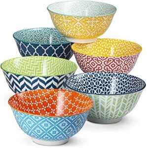kook colorful bowl, ceramic porcelain bowls for cereal, fruit, vibrant patterned, multi color designs, housewarming gift and kitchen decor for soup, salad, set of 6, 18oz (multicolor)