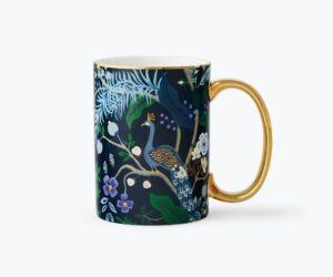 rifle paper co. peacock porcelain mug - porcelain 16 oz mug, full-color illustration with metallic gold accents, 4.5" l x 3.125" w, deep midnight blue with gilded rim and handle