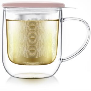 teabloom tea-for-one steeping mug – insulated double wall glass mug (12 oz), stainless steel infuser, porcelain lid/coaster – great for brewing loose leaf tea