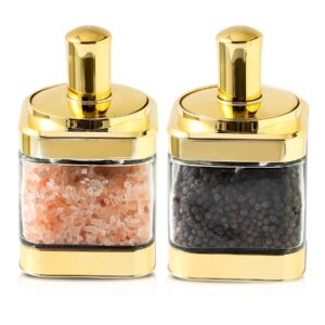 bettwill glass condiment spice jars, container with lids and spoons(11oz/320 ml), gold salt jar, 2pack seasoning box set for sugar, pepper, for kitchen counter，brown sugar container.