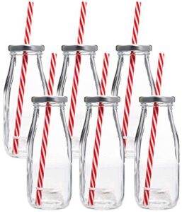estilo glass milk bottle with lid - milk glass - reusable glass bottle for dairy milk with straws & metal screw on lids, 10.5 ounce, clear, set of 6