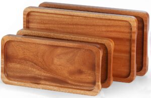 serving tray and platter (set of 4)(14.5’’x7’’x0.8 and 12’’x 5’’x0.8) solid natural wood for food holder/bbq/party buffet, avoid sliding spilling food with easy carry grooved handle design