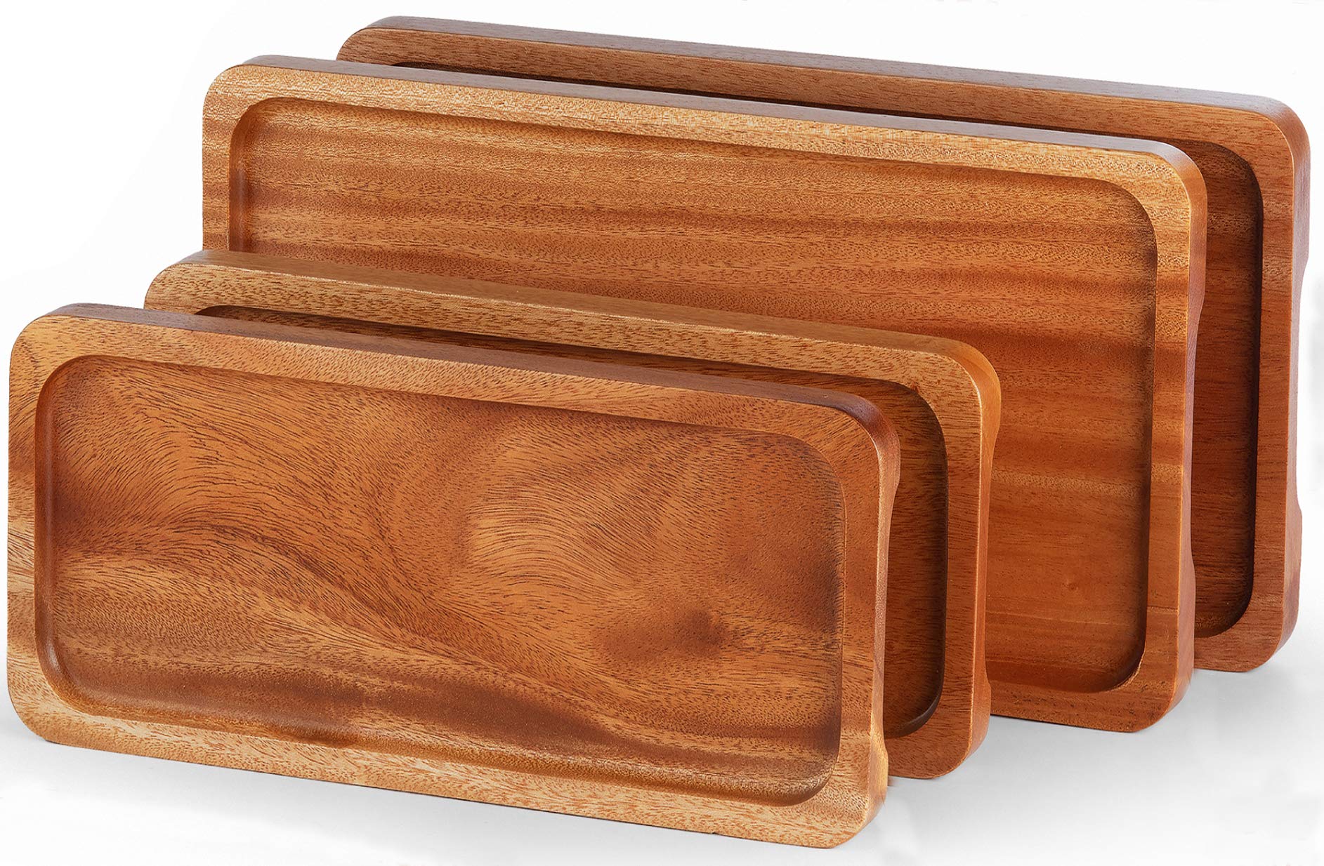 Serving Tray and Platter (Set of 4)(14.5’’x7’’X0.8 and 12’’x 5’’x0.8) Solid Natural Wood for Food Holder/BBQ/Party Buffet, Avoid Sliding Spilling Food with Easy Carry Grooved Handle Design