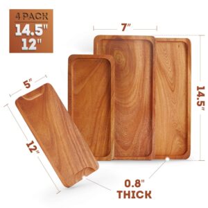 Serving Tray and Platter (Set of 4)(14.5’’x7’’X0.8 and 12’’x 5’’x0.8) Solid Natural Wood for Food Holder/BBQ/Party Buffet, Avoid Sliding Spilling Food with Easy Carry Grooved Handle Design