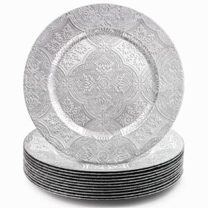 elsjoy set of 12 plastic silver charger plates, 13 inch decorative plate charger for dinner plates, embossed vintage disposable serving plate for home, party, wedding, events