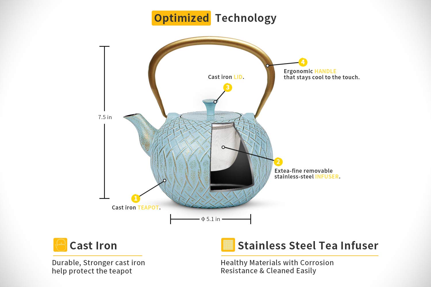 Tea Kettle, Toptier Japanese Cast Iron Tea Kettle for Stove Top, Stovetop Safe Teapot with Infusers for Loose Tea, 34 Ounce (1000 ml), Turquoise Melody