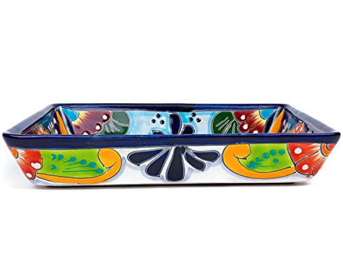 Enchanted Talavera Pottery Hand Painted Ceramic Rectangle Serving Platter Dish Appetizer Plate Tray Food Mexican Floral Pattern Party Fiesta Thanksgiving Jewelry Holder (Medium 9.5 x 7.5 x 1.75)