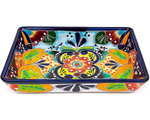 Enchanted Talavera Pottery Hand Painted Ceramic Rectangle Serving Platter Dish Appetizer Plate Tray Food Mexican Floral Pattern Party Fiesta Thanksgiving Jewelry Holder (Medium 9.5 x 7.5 x 1.75)