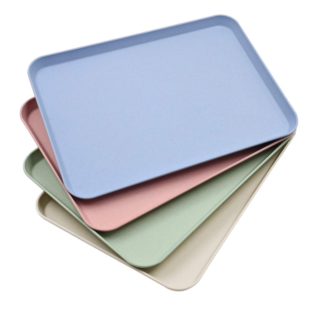 4PCS 4 Colors Large Wheat Straw Tray Set, Unbreakable Lightweight Dinner Dishes for Restaurant, Microwave Dishwasher Safe Tray, Pefect for Kitchen Hotel, School Lunch and Cafeteria Trays. (4ColorTray)