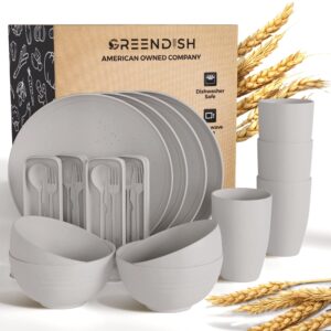 greendish wheat straw dinnerware set 24-piece - cups, plates and bowls sets for 4 with reusable cutlery utensils - unbreakable wheatstraw plastic dinnerware set with fork spoon knife - dishwasher safe