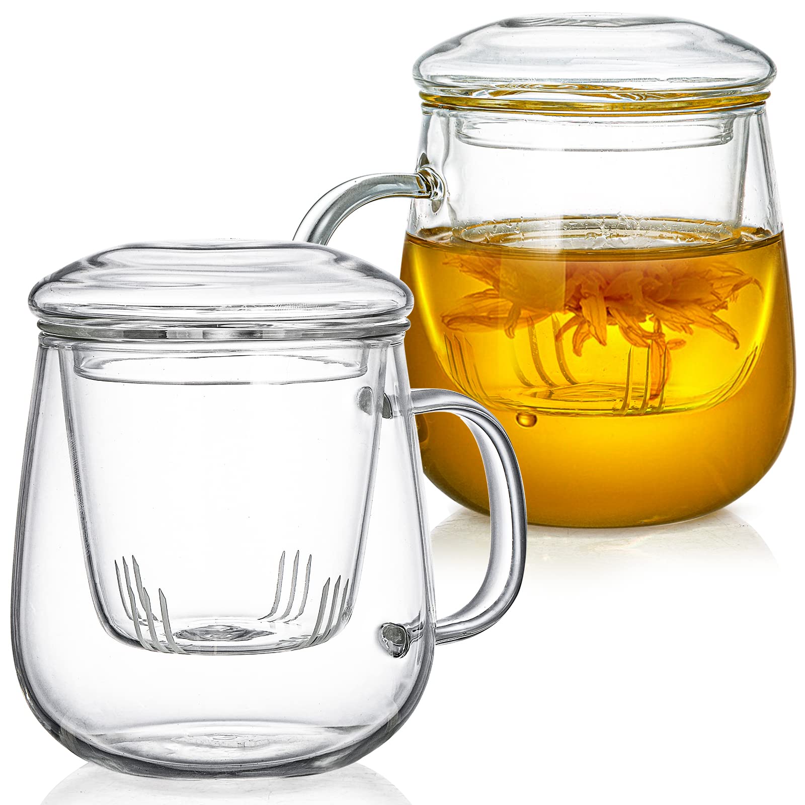 Tosnail 2 Pack 18 Ounce Large Glass Tea Cup with Lid and Tea Infuser Set, Tea Mugs with Strainer, Clear Teacups with Tea Filter, Glass Cups for Blooming Tea, Loose Tea Brewing