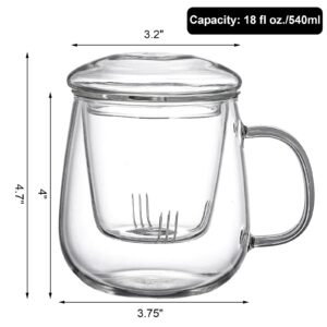 Tosnail 2 Pack 18 Ounce Large Glass Tea Cup with Lid and Tea Infuser Set, Tea Mugs with Strainer, Clear Teacups with Tea Filter, Glass Cups for Blooming Tea, Loose Tea Brewing