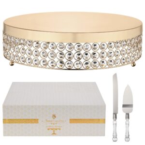 16'' gold cake stand with stainless steel cake knife & server – 3pcs set luxurious cake holder with crystal beads – multipurpose dessert stand dessert table display for wedding, party, (clear)