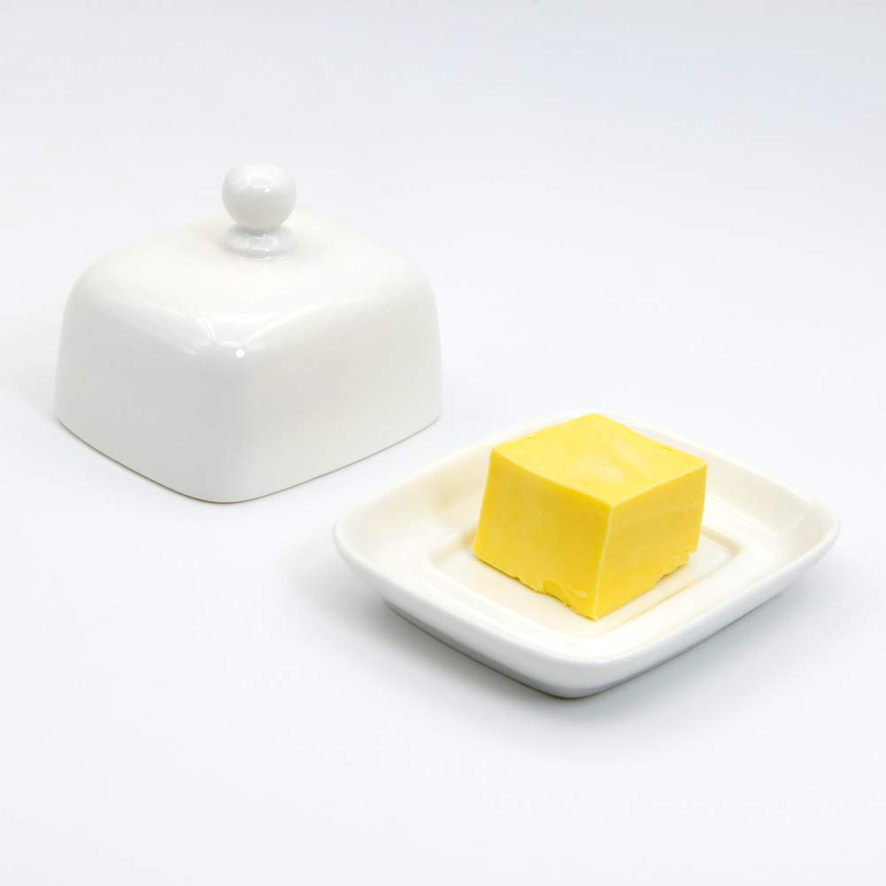 NAGU Small Rectangle Butter Dish with Lid, White Procelain Domed Cheese Dish with Handle Individual Serving Mini Butter Tray, Cute Ceramic Dessert Serving Bowl for Table, Countertop, Refrigerator