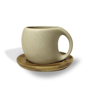 qualgifts ceramic coffee and tea cup with natural acacia wood saucer (8 oz), best for latte, cappuccino, tea or espresso. unglazed porcelain arty mug (natural)