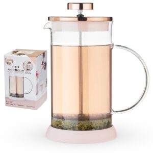 pinky up riley mini glass tea press pot, coffee maker, french press for loose leaf tea and coffee, hot or iced beverage brewer, 12 oz, pink