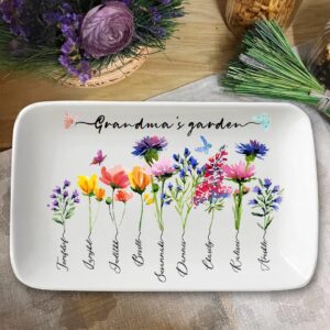 personalized grandma's garden plate with grandkids names custom birth month flower plate family name watercolor flowers personalized platter, unique gift mothers day for mom grandma