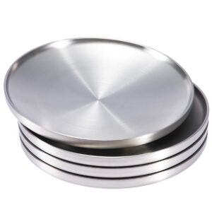 sumerflos 304 stainless steel dinner plate, 9" double-layer round dessert plate, serving camping salad plate for homr kichten, outdoor camping, snack and bbq - set of 4