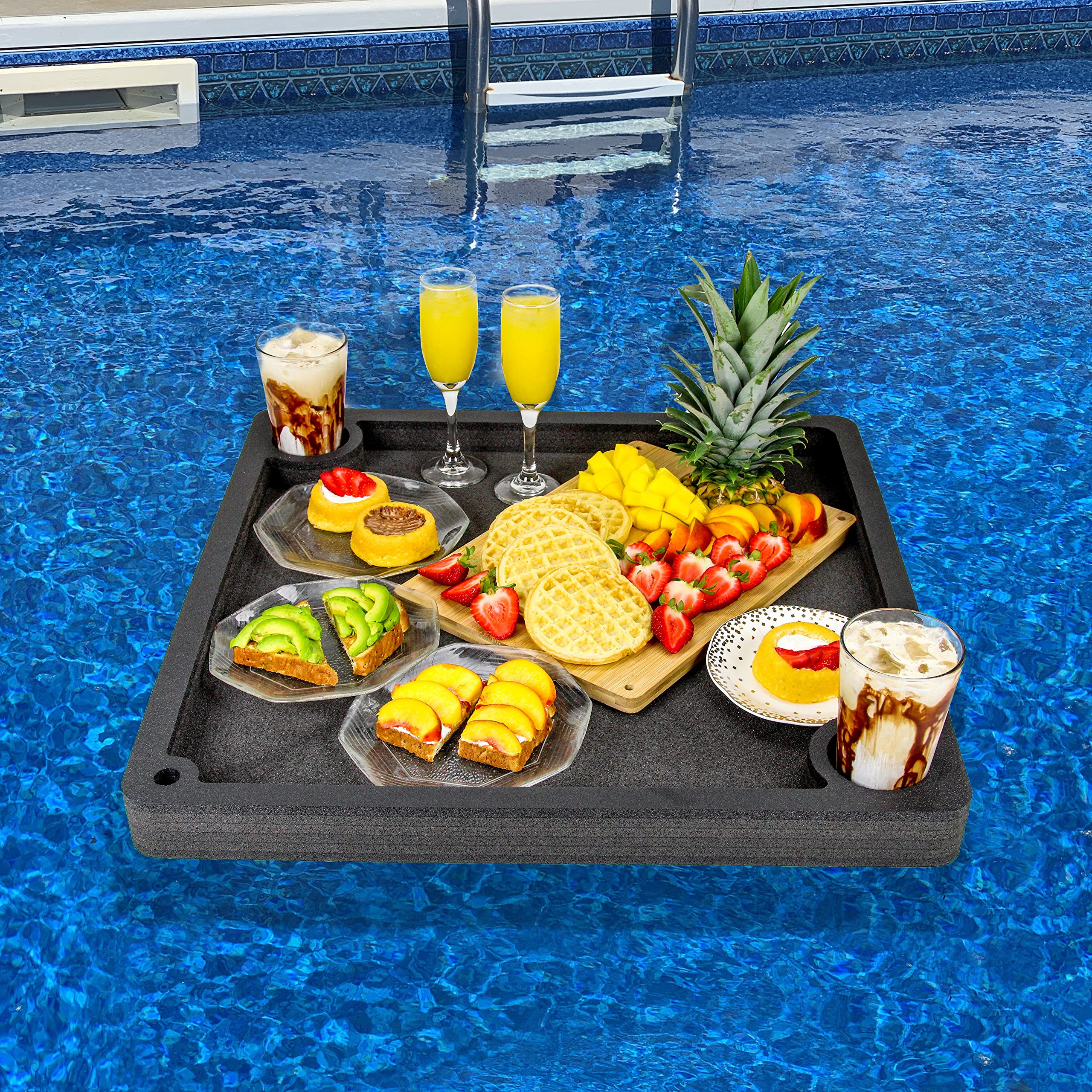 Polar Whale Floating Breakfast Table Serving Buffet Tray Drink Holders for Swimming Pool or Beach Party Float Lounge Refreshment Durable Black Foam UV Resistant with Cup Holders 24 Inches Wide