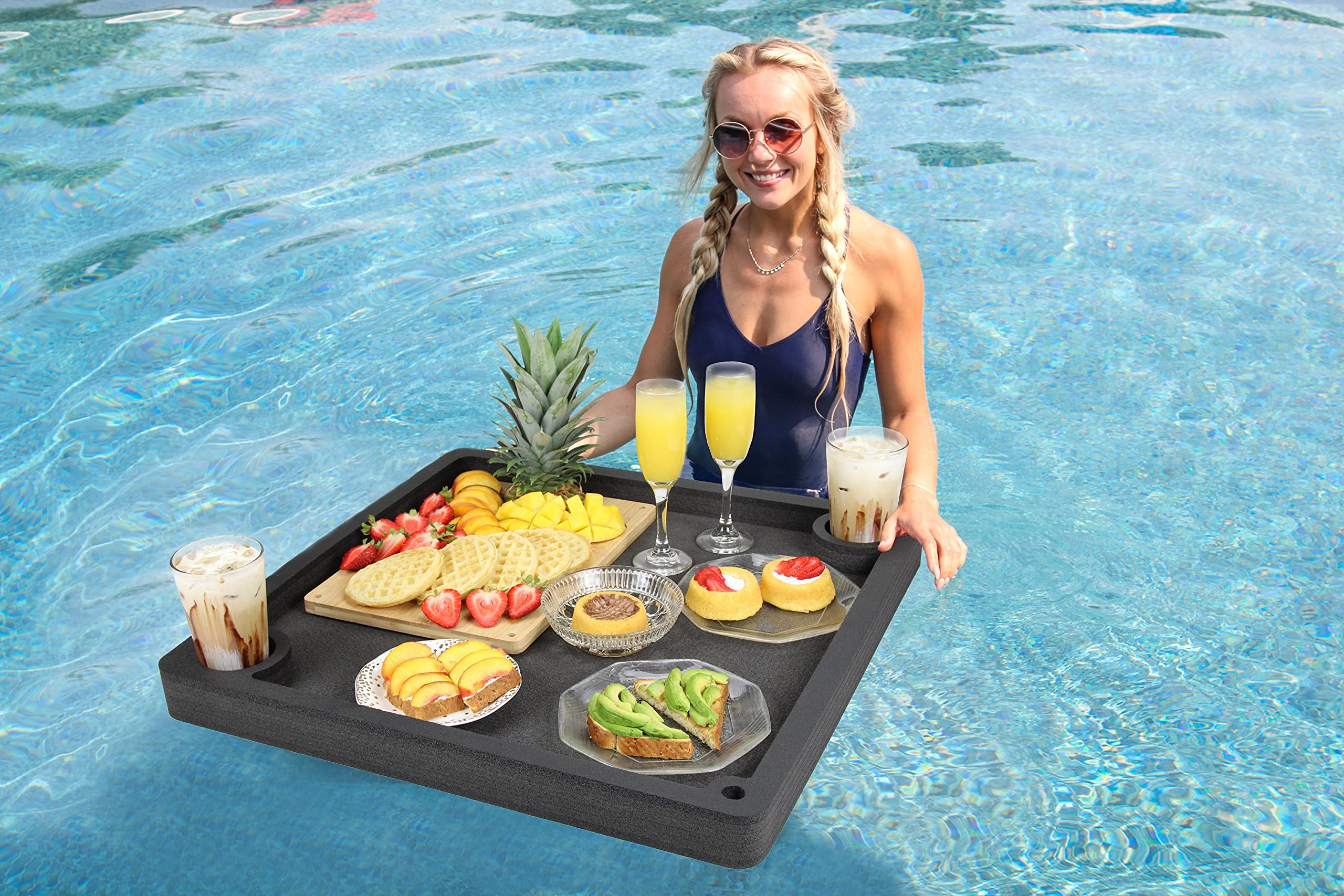 Polar Whale Floating Breakfast Table Serving Buffet Tray Drink Holders for Swimming Pool or Beach Party Float Lounge Refreshment Durable Black Foam UV Resistant with Cup Holders 24 Inches Wide