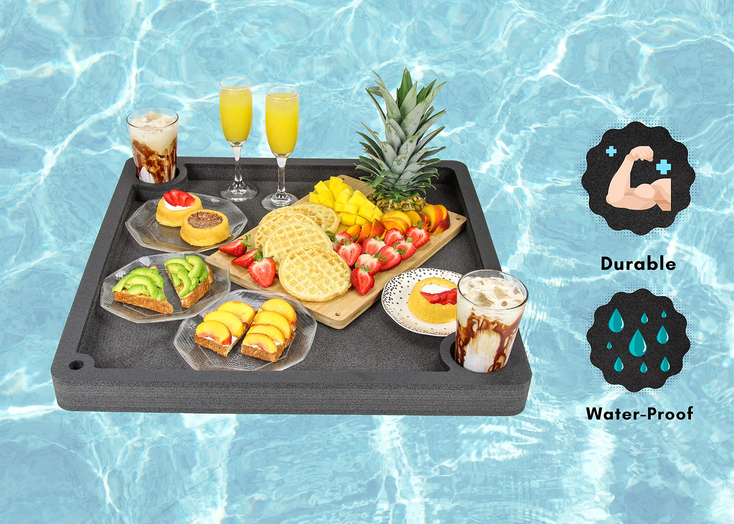 Polar Whale Floating Breakfast Table Serving Buffet Tray Drink Holders for Swimming Pool or Beach Party Float Lounge Refreshment Durable Black Foam UV Resistant with Cup Holders 24 Inches Wide