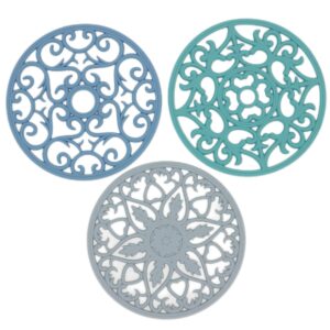 viwehots silicone trivets mats for hot pots and pans, multi-use intricately carved hot pads and mats, flexible modern kitchen table mat, heat resistant round big coaster set of 3 mixing color