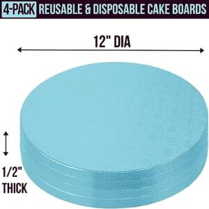 Cake Boards (4 Pack, 12 inch, Blue), Reusable Round Cake Drums for Showstopping Desserts, Heavy-Duty Disposable Cardboard Cake Bases W/ Elegant Patterns, Cake Decorating Supplies by PixiPy