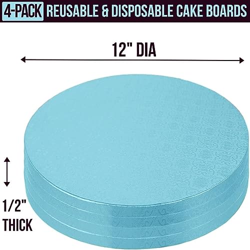 Cake Boards (4 Pack, 12 inch, Blue), Reusable Round Cake Drums for Showstopping Desserts, Heavy-Duty Disposable Cardboard Cake Bases W/ Elegant Patterns, Cake Decorating Supplies by PixiPy