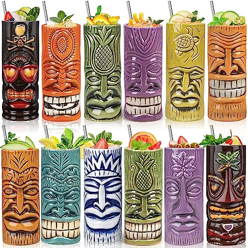 SuproBarware Tiki Mugs Set of 12 - Large Cocktail Tiki Glasses Hawaiian Party Cute Exotic Cocktail Glasses Hawaiian Ceramic Mug