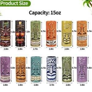 SuproBarware Tiki Mugs Set of 12 - Large Cocktail Tiki Glasses Hawaiian Party Cute Exotic Cocktail Glasses Hawaiian Ceramic Mug