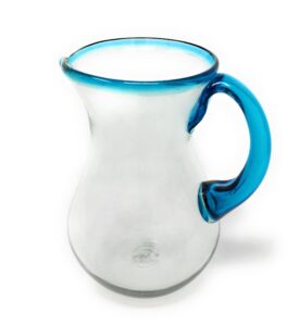 mexican hand blown glass pitcher – aqua rim and handle (84 oz)