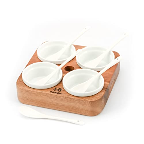 Ceramic Dipping Bowls Set of 4 with Tray and Spoons, Dip Bowls for Side Dishes, Chip and Dip Serving Set for Sauce, Condiment, Dessert, Salsa, Snacks, Acacia Wooden Board With Cocktail Stick Holder