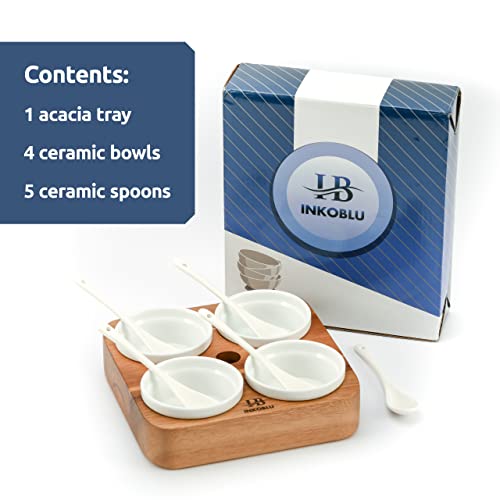 Ceramic Dipping Bowls Set of 4 with Tray and Spoons, Dip Bowls for Side Dishes, Chip and Dip Serving Set for Sauce, Condiment, Dessert, Salsa, Snacks, Acacia Wooden Board With Cocktail Stick Holder