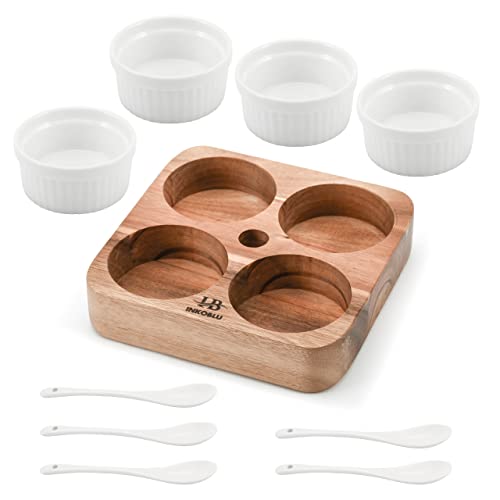 Ceramic Dipping Bowls Set of 4 with Tray and Spoons, Dip Bowls for Side Dishes, Chip and Dip Serving Set for Sauce, Condiment, Dessert, Salsa, Snacks, Acacia Wooden Board With Cocktail Stick Holder