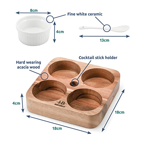 Ceramic Dipping Bowls Set of 4 with Tray and Spoons, Dip Bowls for Side Dishes, Chip and Dip Serving Set for Sauce, Condiment, Dessert, Salsa, Snacks, Acacia Wooden Board With Cocktail Stick Holder