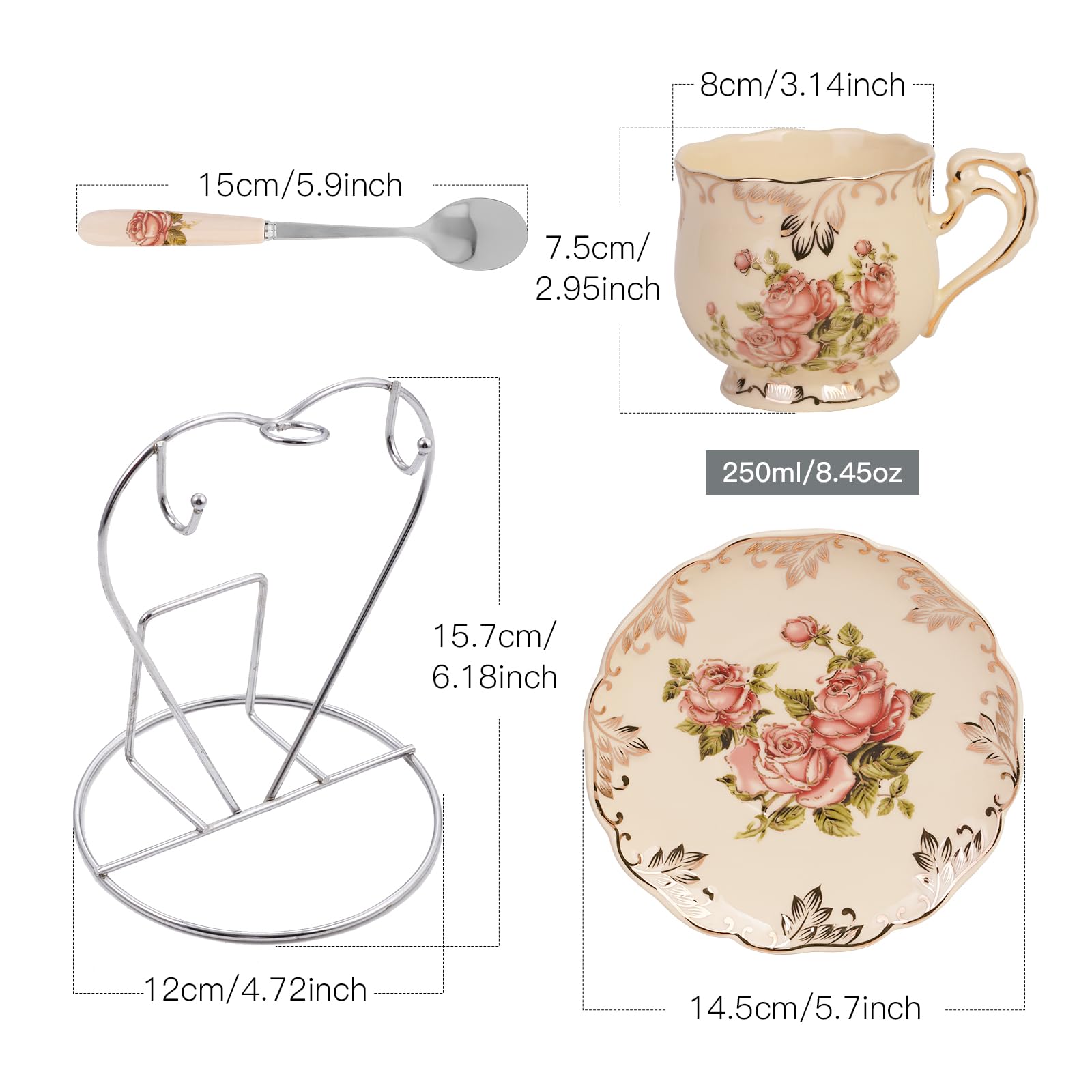 YOLIFE Tea Cups and Saucers Set of 2, Porcelain Floral Tea Cups Set with Holder, Fancy Vintage Tea Cups 8 oz