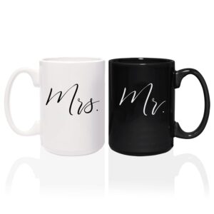 canopy street mr and mrs matching mugs / 2 jumbo 15 ounce white and black ceramic mugs/elegant coffee cup gift set/one black mug and one white mug